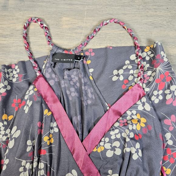Y2K The Limited Floral Sundress Grey Raspberry Pink Satin Detail V Neck Size Sm - Picture 5 of 6